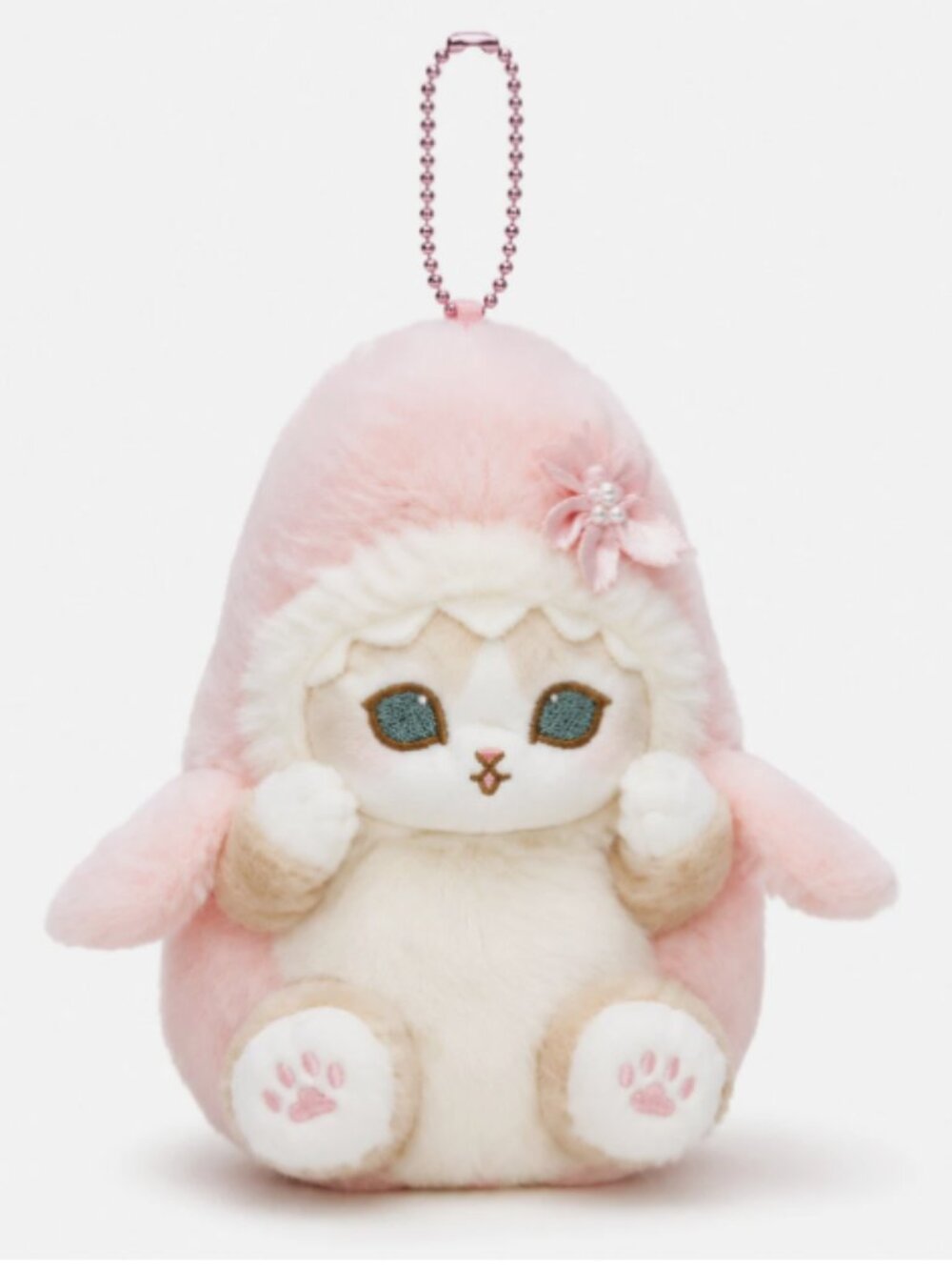 Pink Cherry Blossom Shark Mofusand Plush Cat Keychain Key Charm Purse Bag Holder
